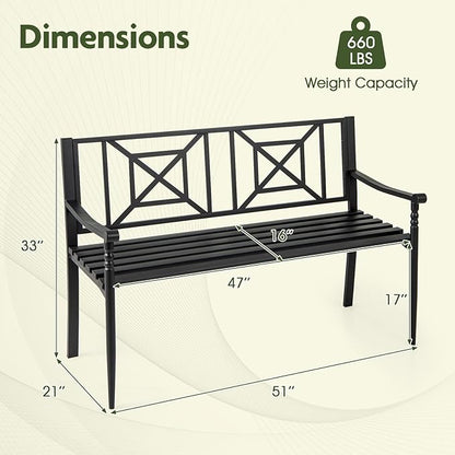 Giantex Metal Outdoor Bench with Backrest, Curved Armrests, Non-Slip Foot Pads, Slatted Seat for 2-3 Persons, Load 660lbs, Loveseat, Patio Bench for Garden, Yard, Poolside, Lawn, Porch, Park, Black