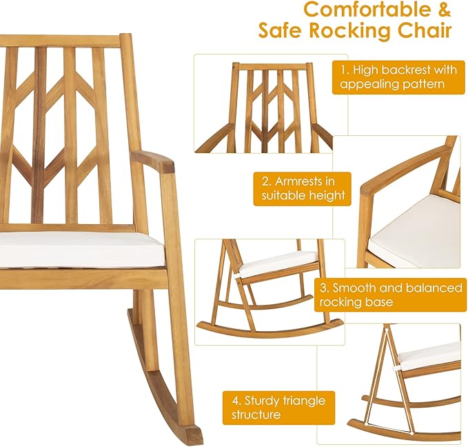 Tangkula Acacia Wood Patio Rocking Chair, Outdoor Porch Rocker W/Removable High-Density Cushion, All-Weather Resistance, Perfect for Garden, Backyard, Poolside (1, White)