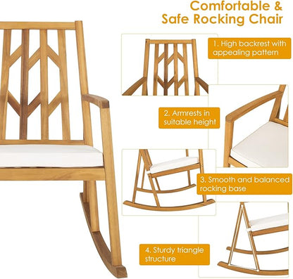 RELAX4LIFE Wooden Rocking Chair Outdoor - Oversized Patio Rocker w/High Backrest, Long Armrest, Removable Soft Cushion, Porch Rocking Chair for Backyard, Garden, Patio Rocking Chair (2, White)