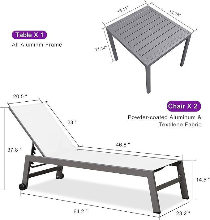 PURPLE LEAF Outdoor Lounge Chair Set for 2 Aluminum Patio Chaise Lounger with Wheels and Adjustable Backrest Pool - Photo 3