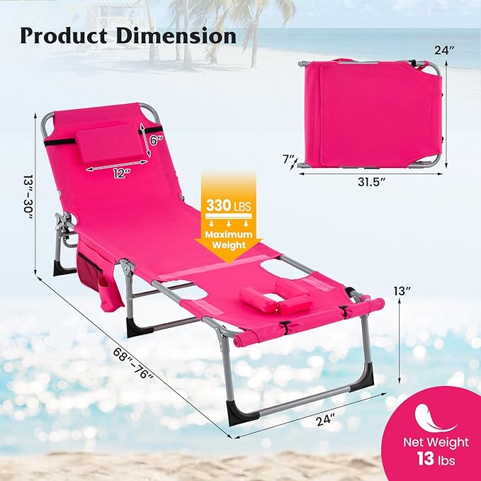 GYMAX Tanning Chair, 330LBS Beach Lounge with Face Arm Hole & Hand Shoulder Strap, Folding Layout Sunbathing Chair, Face Down Outdoor Chaise Lounger for Patio, Poolside, Lawn, Backyard (1, Pink)