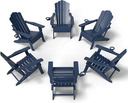 FOOWIN Adirondack Chair Set of 6, Folding HDPE Patio Chairs with Cup Holder, 400LBS Heavy Duty Fire Pit Chairs for Large Garden, Deck, Resort, Commercial Use, Navy Blue