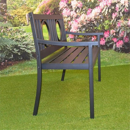 BOWERY HILL Outdoor Metal Bench, 45" W x 24" D x 35" H, Powder-Coated Steel, Black Finish, Elegant Openwork Design, Slatted Seat, Garden, Patio, or Sunroom Furniture