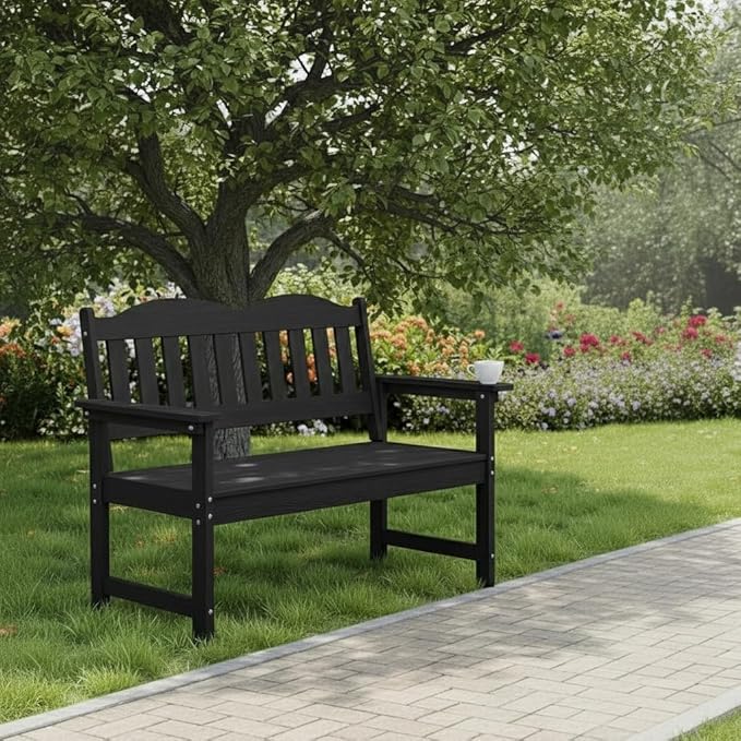 GarveeLife 2-Person Poly Lumber Garden Bench, Slatted Patio Loveseat, Weather-Resistant Outdoor Seating for Yard, Garden, Porch, Park or Backyard, Black