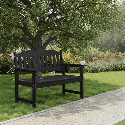 GarveeLife 2-Person Poly Lumber Garden Bench, Slatted Patio Loveseat, Weather-Resistant Outdoor Seating for Yard, Garden, Porch, Park or Backyard, Black