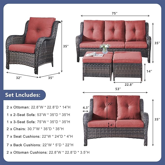 Rilyson Outdoor Patio Furniture Sofa Set - 6 Piece Rattan Wicker Patio Sectional Conversation Sets with 1 Sofa - Photo 2