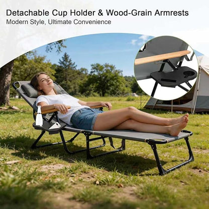 Folding Lounge Chairs for Outside, Beach Patio Lounge Chair, Sunbathing/Tanning Chair with 4 Adjustable Backrest & Cup & Pillow,Holds 330 Lb, Outdoor Garden Pool (Gray)