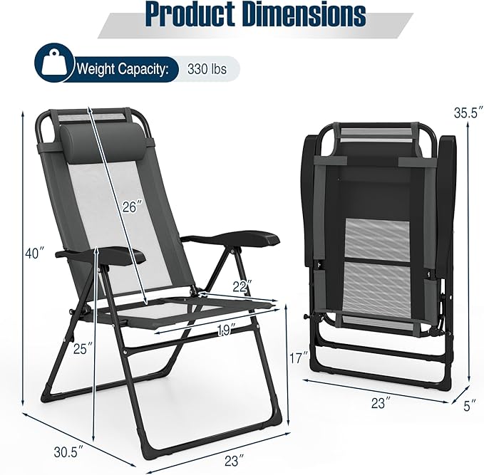 Giantex Set of 2 Patio Folding Chairs, Portable Outdoor Dining Chairs with 7-Level Adjustable Backrest, Headrest - Photo 3