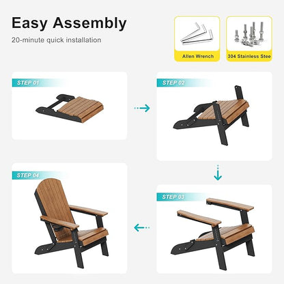 HDPE Foldable Adirondack Outdoor Chair Set of 2 with Cup Holder, Weather Resistant Heavy-Duty Patio Chair for Patio, Backyard, Deck, Fire Pit, Lawn and Porch, Black and Teak