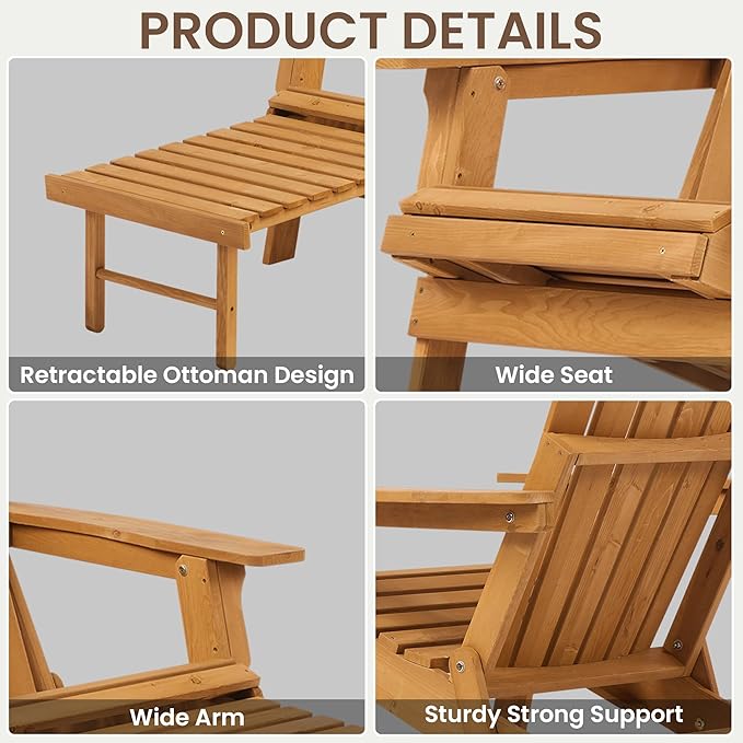 Oversized Folding Adirondack Chair with Retractable Ottoman - Solid Wood Outdoor Lounge Chair for Patio Garden Backyard Porch, Weather-Resistant & Pre-Assembled, Brown