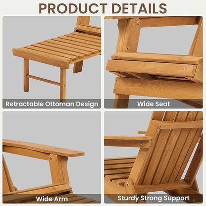 Oversized Folding Adirondack Chair with Retractable Ottoman - Solid Wood Outdoor Lounge Chair for Patio Garden Backyard Porch, Weather-Resistant & Pre-Assembled, Brown