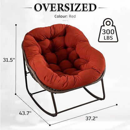 SLEERWAY Large Indoor Outdoor Rocking Chair, Oversized Rocking Papasan Chair with Thick Cushion and Frame Outdoor Rocker, Comfy Wicker Egg Chairs Lounge for Outside Porch Patio Backyard Balcony (Red)
