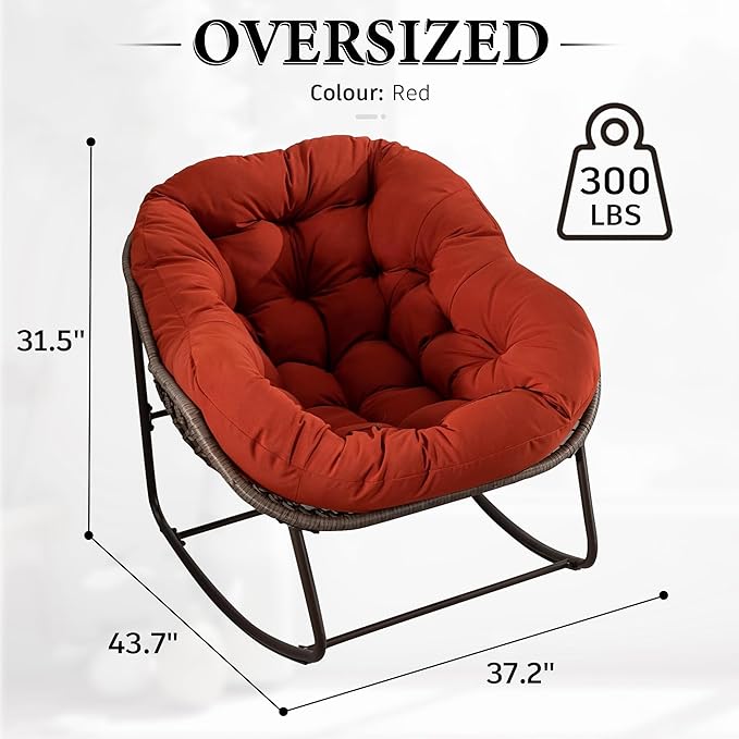 Large Indoor Outdoor Rocking Chair, Oversized Rocking Papasan Chair with Thick Cushion and Frame Outdoor Rocker, Comfy Wicker Egg Chairs Lounge for Outside Porch Patio Backyard (Red, Set of 2)