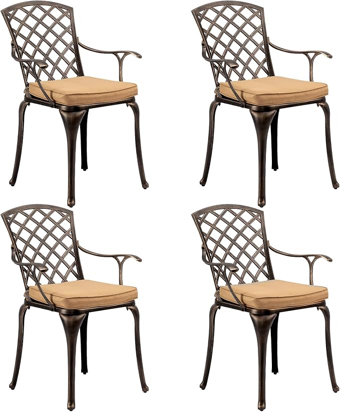 VINGLI Outdoor Dining Chairs Set of 4 with Cushion Aluminum Patio Chairs, Cast Aluminum Patio Furniture Aluminum Outdoor Chairs for Backyard, Poolside, Balcony Bronze (4, Grid Back with Cushion)