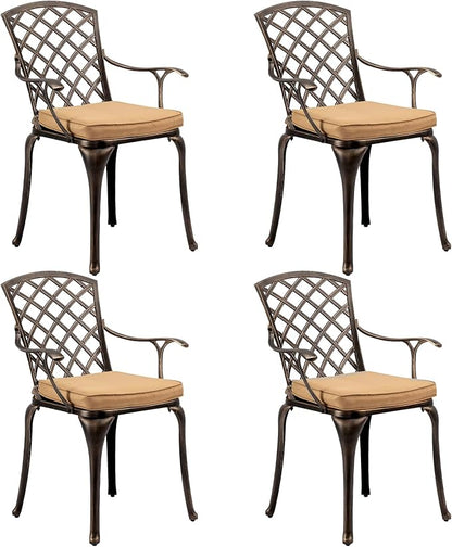 VINGLI Outdoor Dining Chairs Set of 4 with Cushion Aluminum Patio Chairs, Cast Aluminum Patio Furniture Aluminum Outdoor Chairs for Backyard, Poolside, Balcony Bronze (4, Grid Back with Cushion)