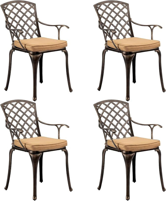 VINGLI Outdoor Dining Chairs Set of 4 with Cushion Aluminum Patio Chairs, Cast Aluminum Patio Furniture Aluminum Outdoor Chairs for Backyard, Poolside, Balcony Bronze (4, Grid Back with Cushion)