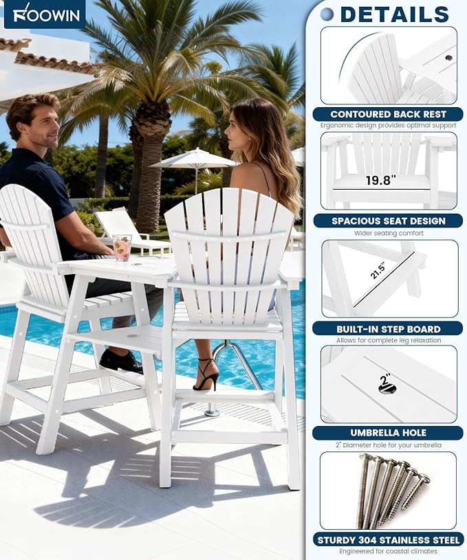 FOOWIN Tall Adirondack Chair Set of 2, All Weather HDPE Bar Height Adirondack Chair with Double Connecting Trays, Adirondack Barstools for Balcony, Deck, Backyard, Patio, Garden White
