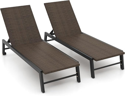 Tangkula PE Wicker Patio Chaise Lounge Chair, Outdoor 4-Position Recliner with Wheels, Outdoor Reclining Chair for Poolside, Backyard and Deck (2, Mix Brown)