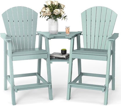 FOOWIN Tall Adirondack Chair Set of 2, All Weather HDPE Bar Height Adirondack Chair with Double Connecting Trays, Adirondack Barstools for Balcony, Deck, Backyard, Patio, Garden Aruban Blue