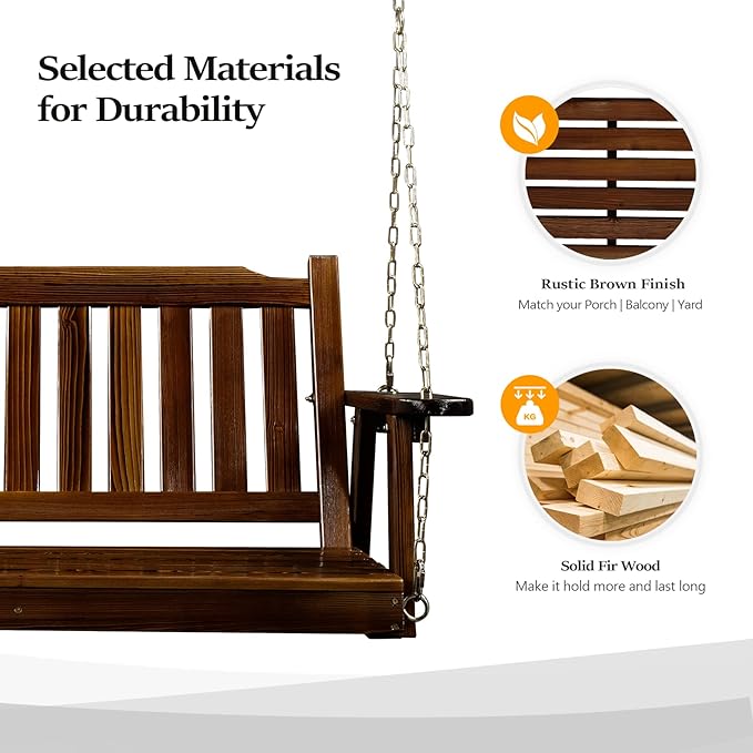 VINGLI Heavy Duty 880 LBS 4 FT Outdoor Porch Swing, Patio Hanging Swing Bench for Yard, Rustic - Photo 3