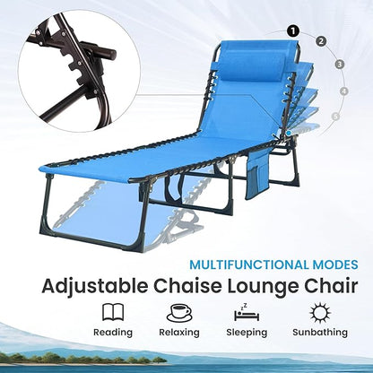 Folding Chaise Lounge Chair 5-Position Adjustable Outdoor Recliner 400LB Capacity Portable Patio Camping Beach Pool Sunbathing Lounger with Pillow, Light Blue