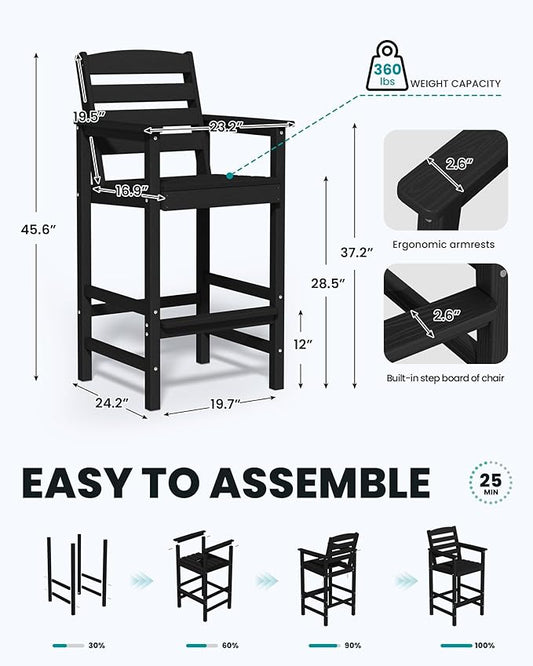 SERWALL Tall Adirondack Chairs Set of 2, Oversize Balcony Adirondack Chairs Set, Outdoor Bar Height Barstools Widened Chair Set for Bistro, Poolside, Garden, Black