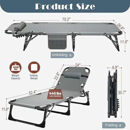 ABORON 3-in-1 Folding Patio Lounge Chair, 440LB Heavy-Duty Tri-Fold Guest Bed with Plush Cotton Cushion, No Assembly Adjustable Recliner for Office Nap, Patio Sunbathing, Poolside & Camping