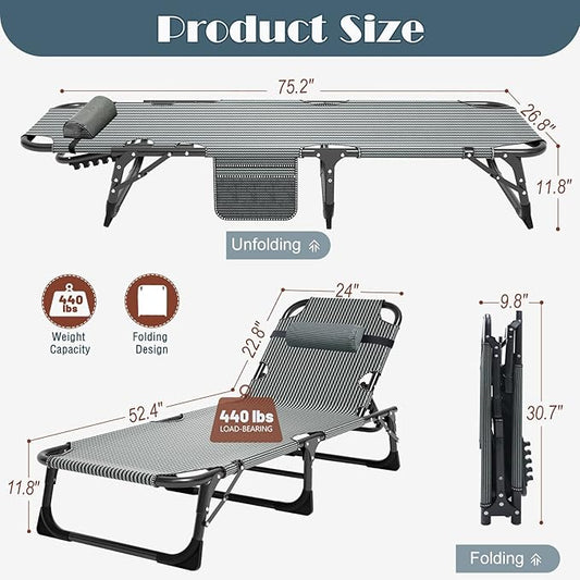 ABORON 3-in-1 Folding Patio Lounge Chair, 440LB Heavy-Duty Tri-Fold Guest Bed with Plush Cotton Cushion, No Assembly Adjustable Recliner for Office Nap, Patio Sunbathing, Poolside & Camping