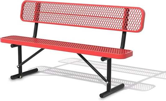 6 Ft Metal Park Bench for Outside, All-Weather Thermoplastic Coating Outdoor Bench with Backrest, Commercial Heavy Duty Benches for Shopping Malls, Stores, Parks, Patios, Decks, Red