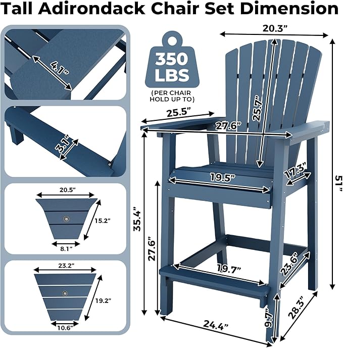 Outdoor Recycled Poly Adirondack Barstools with Connecting Tray, Tall Adirondack Chairs Bar Chairs for Deck, Balcony, Backyard, Patio Bar Stool Chair with High Back Weather Resistant Set of 2