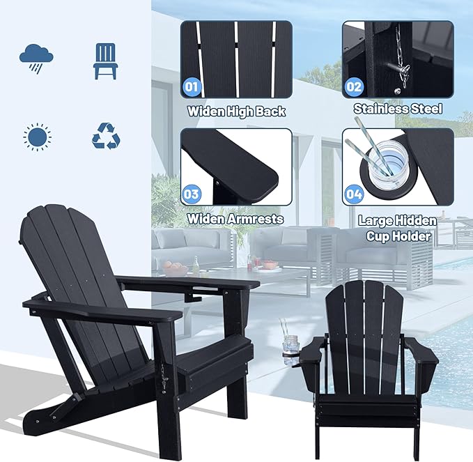 Adirondack Chair, Plastic Adirondack Chairs, HDPE Adirondack Chair, Folding Adirondack Chairs,Outdoor Chairs with Cup Holder for Lawn Patio Deck Fire Pit -Black
