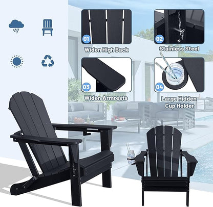 Adirondack Chair, Plastic Adirondack Chairs, HDPE Adirondack Chair, Folding Adirondack Chairs,Outdoor Chairs with Cup Holder for Lawn Patio Deck Fire Pit -Black