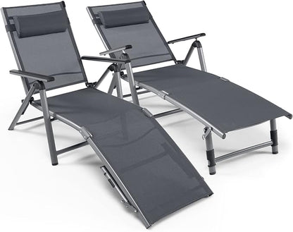 Tangkula 2PCS Outdoor Aluminum Chaise Lounge Chair, Patio Folding Chaise with 8 Back and 2 Leg Adjustable Positions, Lounge Recliner with Quick-Drying Fabric for Poolside, Backyard, Beach