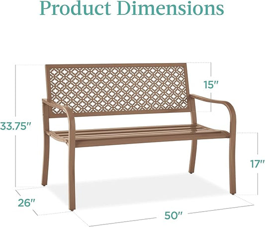 Best Choice Products Outdoor Bench 2-Person Metal Steel Benches Furniture for Garden, Patio, Porch, Entryway w/Geometric Backrest, 790lb Capacity - Taupe
