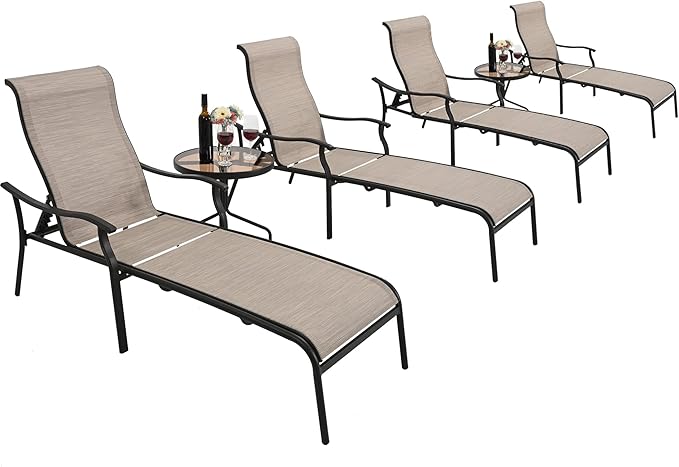 HAPPATIO Patio Chaise Lounge Set 6 Pieces,Patio Lounge Chair with Glass Coffee Table,Pool Lounge Chair with Breathable Textilene Fabric,Patio Chaise Lounge (Brown)