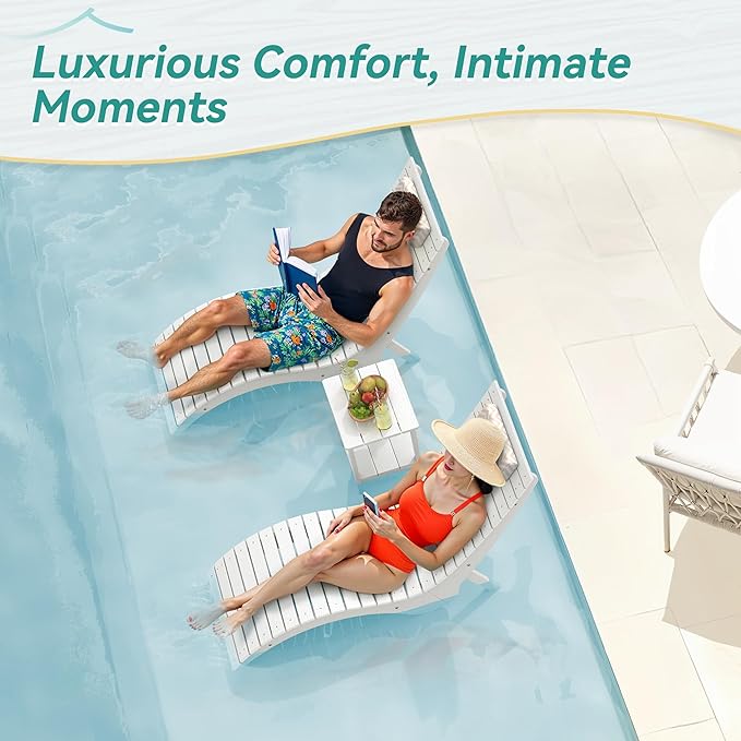 Pool Lounge Chairs - Anti-Floating HDPS Design for Pools & Backyard Sun Decks, Weighted Pool Chairs and Lounges for Poolside or Outside, Includes Headrest, White