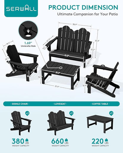 SERWALL 5 Pieces HDPE Patio Adirondack Chair Set, 2 Adirondack Chair with Cup Holder & 2 Adirondack Bench & 1 Coffee Table with Umbrella Hole, Black