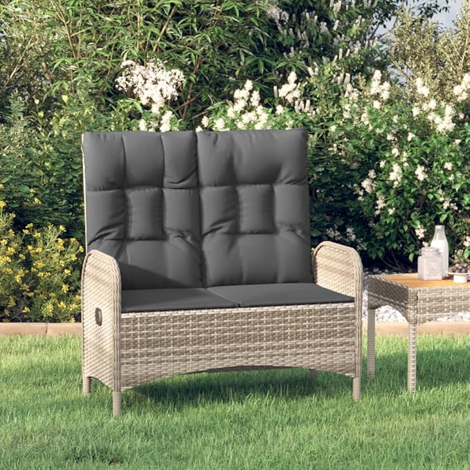 Reclining Patio Bench with Cushions 42.1" Poly Rattan Gray Outdoor Bench Porch Bench Deck Bench Garden Bench for patios - Photo 2