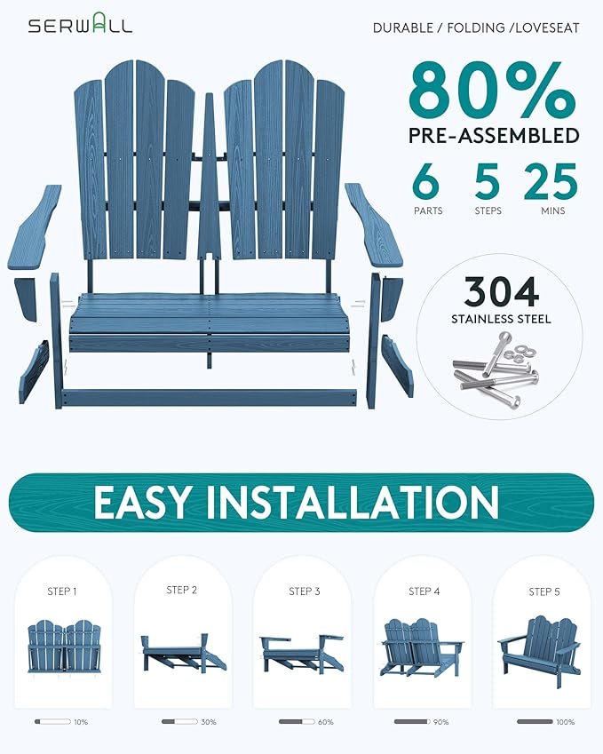 SERWALL Folding Adirondack Bench, HDPE All-Weather Adirondack Loveseat Set of 2, Navy - Photo 4