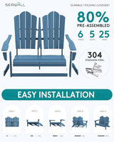 SERWALL Folding Adirondack Bench, HDPE All-Weather Adirondack Loveseat Set of 2, Navy - Photo 4