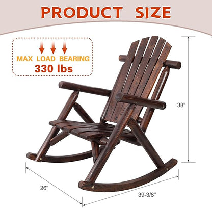 Wooden Rocking Chair Outdoor, Ergonomic High Back Patio Rocking Chairs, Porch Rocker for Backyard/Lawn/Patio/Garden/Balcony/FirePit/Indoor (Brown)