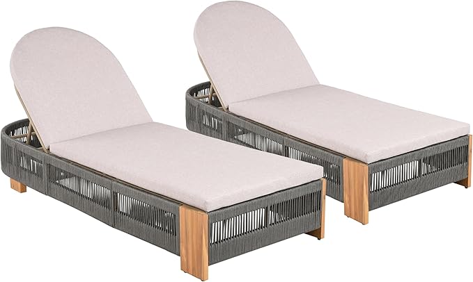 Christopher Knight Home Daskz Patio Chaise Lounge Chair Set of 2, Patio Outdoor Acacia Wood Chaise Lounge with Cushions, Adjustable Backrest Poolside Beach Yard Seating, Rope Design, 79.5'',Teak+Gray