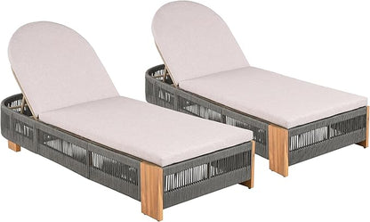 Christopher Knight Home Daskz Patio Chaise Lounge Chair Set of 2, Patio Outdoor Acacia Wood Chaise Lounge with Cushions, Adjustable Backrest Poolside Beach Yard Seating, Rope Design, 79.5'',Teak+Gray