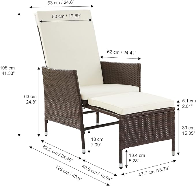 Teamson Home Outdoor PE Rattan Patio Lounge Chair with Pull-Out Ottoman and White Weather-Resistant Cushions Patios, Decks, Gardens, Poolside, Balconies, or Sunrooms, Brown