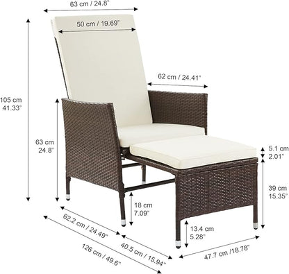 Teamson Home Outdoor PE Rattan Patio Lounge Chair with Pull-Out Ottoman and White Weather-Resistant Cushions Patios, Decks, Gardens, Poolside, Balconies, or Sunrooms, Brown