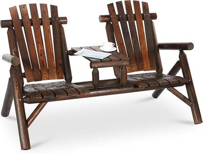HOMEDIARY 2-Seat Wooden Adirondack Chair, Outdoor Log Patio Loveseat with Built-in Table, Patio Bench Fire Pit Chair Porch Furniture Conversation Set for Deck Lawn Pool Backyard, Carbonized