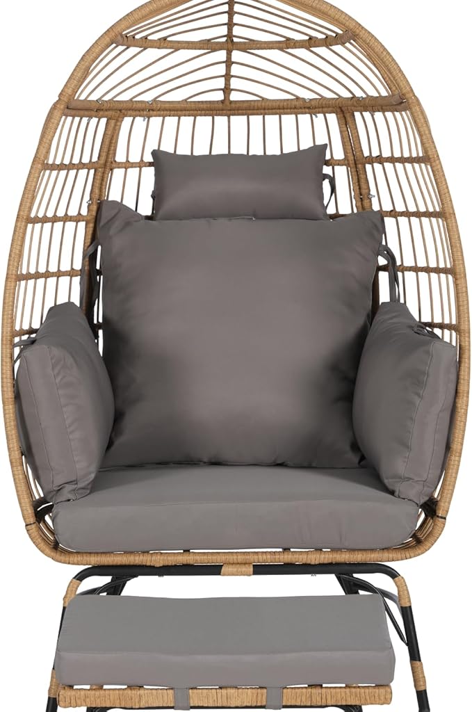 Oversized Wicker Egg Chair with Ottoman, Rattan Patio Egg Chair with Stand and Thick Cushions, Indoor Outdoor Lounge Chair for Backyard, Balcony, Living Room, Dark Gray＋Ottoman