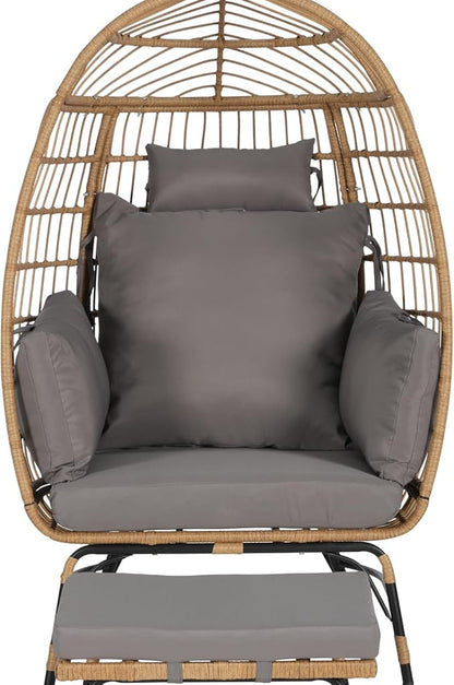 Oversized Wicker Egg Chair with Ottoman, Rattan Patio Egg Chair with Stand and Thick Cushions, Indoor Outdoor Lounge Chair for Backyard, Balcony, Living Room, Dark Gray＋Ottoman