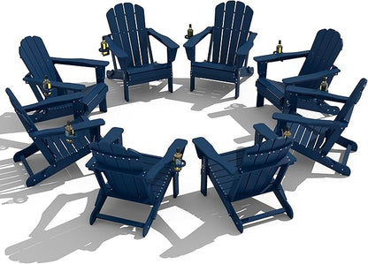 Domi Folding Adirondack Chair Set of 8, HDPE All-Weather Adirondack Chairs with Cup Holder, Outdoor Plastic Fire Pit Chairs Wood Texture for Poolside, Patio, Backyard, Deck (Blue)