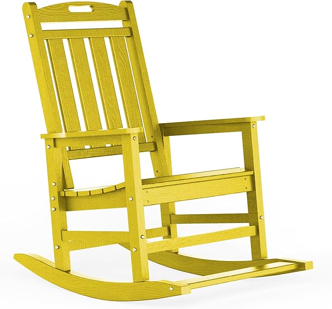 LOUNZY Outdoor Rocking Chair, HDPE Patio Rocking Chair with Footboard for Adults, All Weather Heavy Duty Front Porch Rocker, Yellow